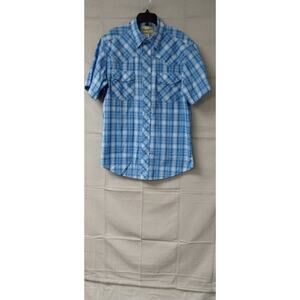 Wrangler Mens Shirt Western Short Sleeve Pearl Snap Cowboy Pockets Plaid Blue M